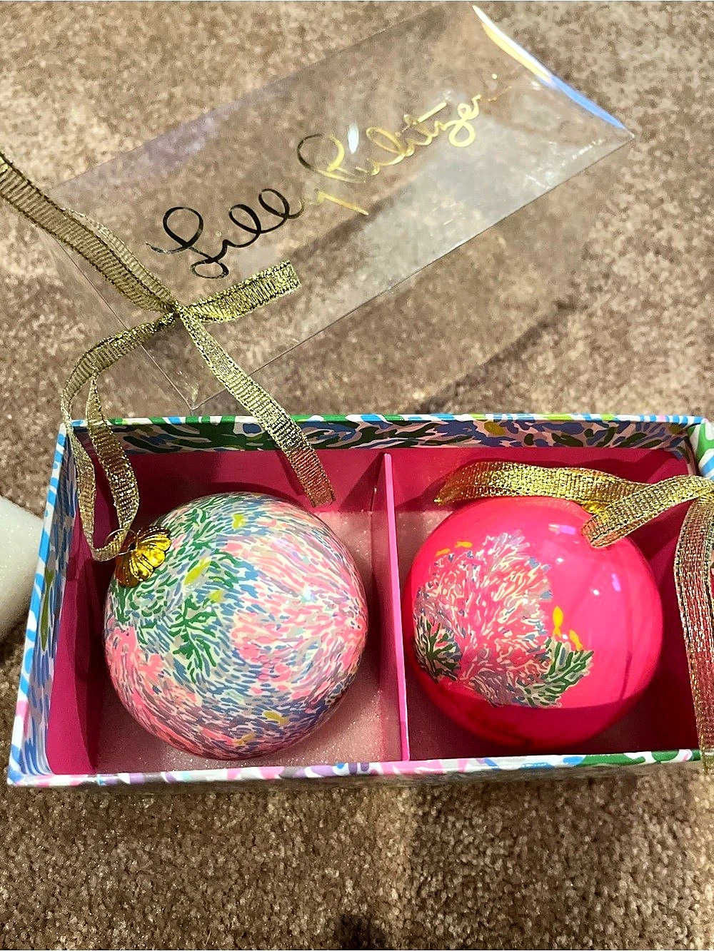 Lilly Pulitzer Boxed Set of 2 Glass Christmas Ornaments Pink & Multicolor